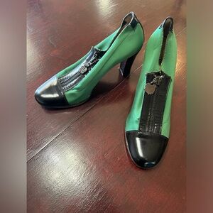 Taryn Rose Green Black Zip Up Heeled Bootie Size EU 38.5/ US 8